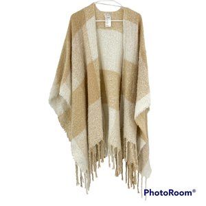 Free People Shawl Poncho Brown White Hampton Plaid Fringe Ruana Open Front Sz OS